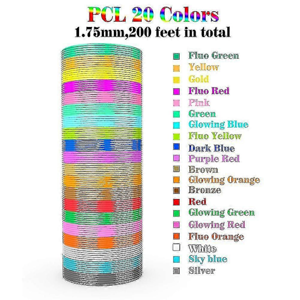 3D-utskriftspenna PCL Filament Refills 1,75 mm, 20-pack Blandade Färger, Låg Smälttemperatur på 70, Gåva