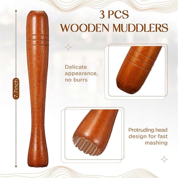 3 Stykker Træ Muddler til Cocktails, Cocktail Muddler 19,6 cm Lang Mojito Muddler Bar Træ Is Cr