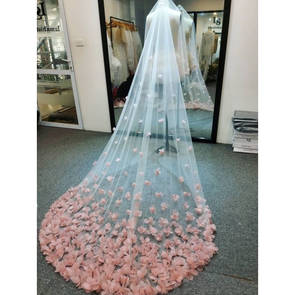 Bröllopsklänning 3D Blommig Brudslöja Rosa Katedral Slöja med Mjukt Rosaskimrande Fall, Spridda Spetsapplikationer off white 200cm