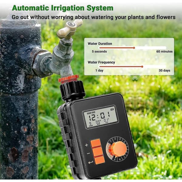 Vanningsur, programmerbar hagevanningstimer, plenkranslangesprinklertimer med stor LCD-skjerm, regnsensor, auto/manuell modus, R