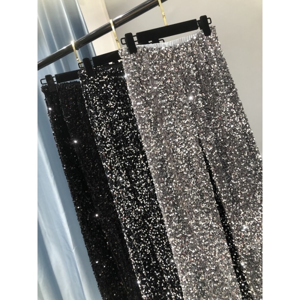 Dam Mode Trendiga Glänsande Guldbyxor Lös Hög Midja Vida Ben Dam Black silver strip L