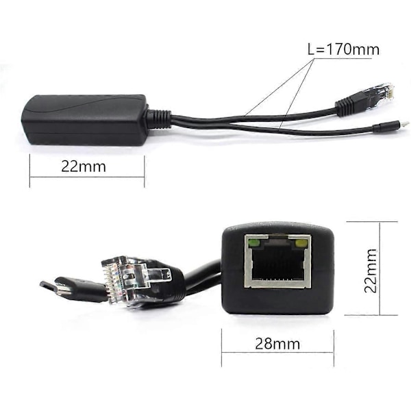 2-pakkaus Gigabit PoE -jakaja, 48 V - 5 V 2,4 A Micro USB Ethernet -sovitin, toimii Raspberry Pi 3B+:n, IP-kameran ja muiden kanssa