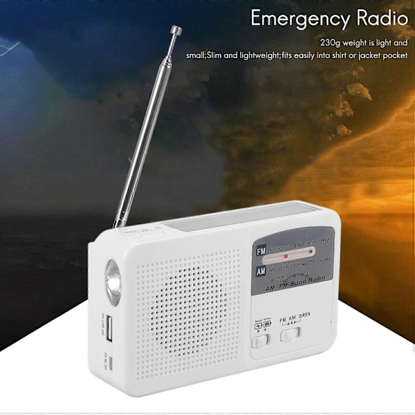 Nödradio med solceller och handvev, självdriven, batteri USB-laddning FM/AM-radio LED-blixt