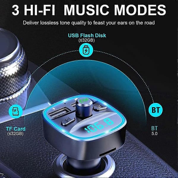 FM-sender til bil - Bluetooth 5.0 radioadapter med dobbelte USB-porte og LED-display