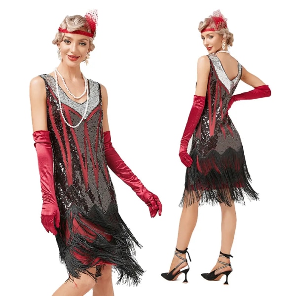 Vintage 1920-tals V-ringad Dubbellagers Klänning med Tofsar Cocktail Bal Paljettprydd Klänning Damkläder Vestido Mode Sommarklänning Y2k Red S