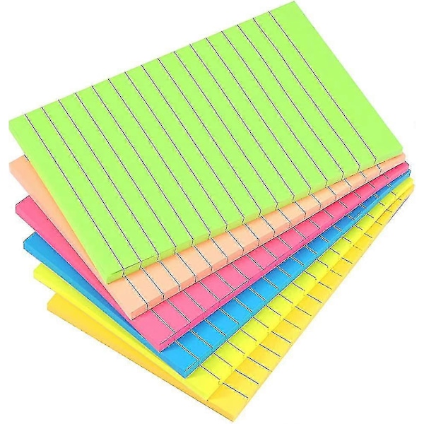 6 Blokke - Sticky Notes, 6 Lyse Farver, Sticky Note Blokke Med Linjer, Tykt Papir, Til Kontor