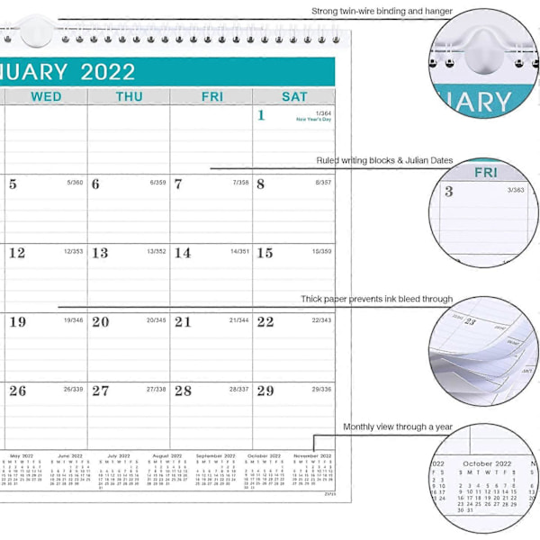 Kalender 2022 - Väggkalender 2022 från januari 2022 till december 2022, 12-månaderskalender med julianskt datum, 37,5 x 29,2 cm, tjockt papper för organisering
