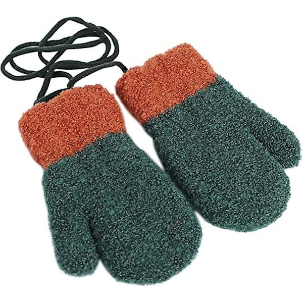 1-5 År Gröna Vantar Flickor Pojkar Stickade Termiska Flanell Tecknad Sammet Foder Vante Hel Finger Fluffiga Varma Hängande Hals Skid Snowboard Handske