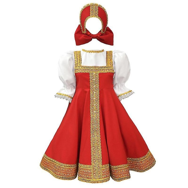 Rysk Danstjej Kostym Röd Sarafan Folk Klänning Barn Ryska Traditionella Kläder M 115-130cm