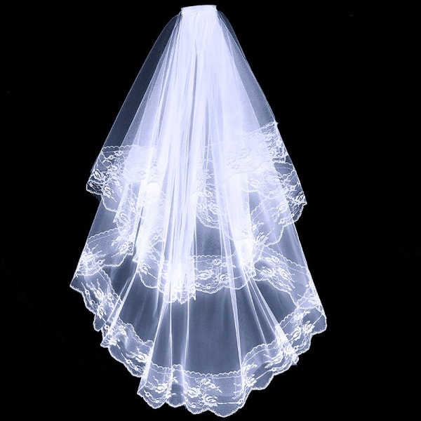Svart Vit Spets Brudslöja Kort Två Lager Elegant Vintage Bröllopsklänning Brud Cosplay Kostym Håraccessoarer White