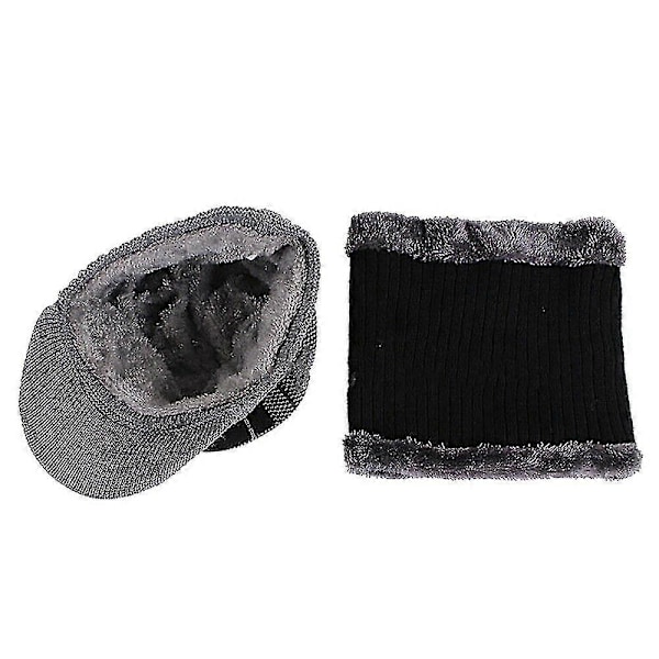 Varm Vinter Mössa Hatt Halsduk Set Fleecefodrad Utomhus Stickad Hatt Grå