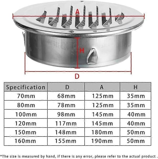 100 mm Rund Luftventilationsrist i Rustfrit Stål Udstødningsrør Ventilationsrist til Pejs, Køkken, Badeværelsesventilation (100 mm)