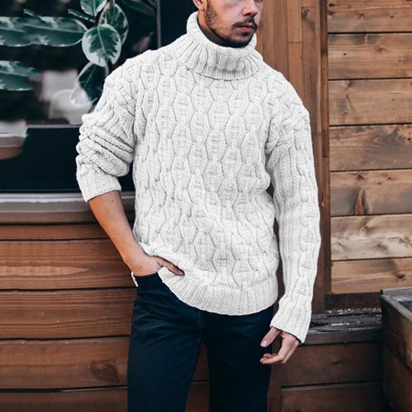 Herre Rullekrave Ensfarvet Strikket Sweater Langærmet Ribbet Termisk Blød Herre Pullover Sweaters Til Vinter White M