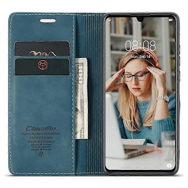 CASEME 013-serien Kompatibel med Huawei P30 Stötsäkert PU Läder Ställ Skydd Anti-repa Plånboksfodral Blue