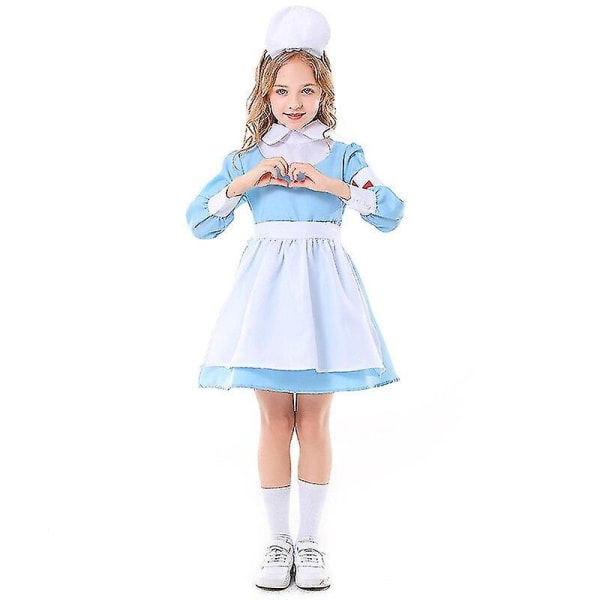 Jenter Blå liten sykepleierkostymer Barn Halloween Purim Karneval Rollelek Mardi Gras Fancy Dress M-height 115-130cm