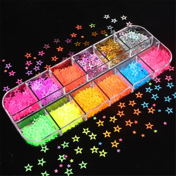12 rutnät/låda Stjärnor Glitter Nail Art Paljetter Kreativ Holografisk Nail Art Glitter Paljetter För Handdekoration Nail Art