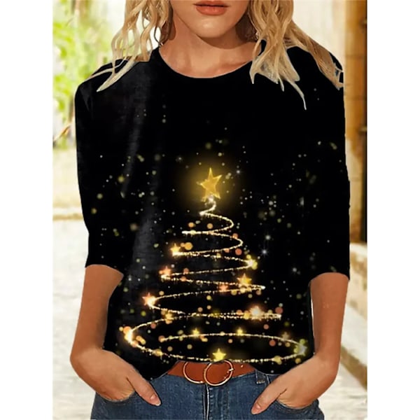 Ny dame T-shirt Juletræsprint T-shirts Toppe Langærmet Casual Toppe Mode Rund Hals Almindelig Pasform Y2K Tøj Til Piger CTZH231026SDB28 S