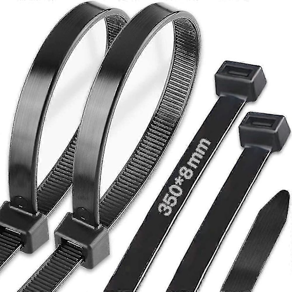 100 stk. Lange Kabelbinder - 350mm X 8mm - UV-Resistente - 50kg Trækstyrke - Sort