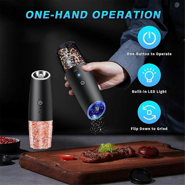 2 STK Elektrisk Salt- og Pepperkvernsett USB Oppladbar med LED-lys Automatiske Krydderkverner