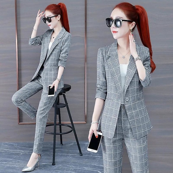 Rutig kostym tvådelad set kvinnor hösten mode koreansk slimmad kavaj jacka och byxa kostym kontor dam grey L 55-60kg