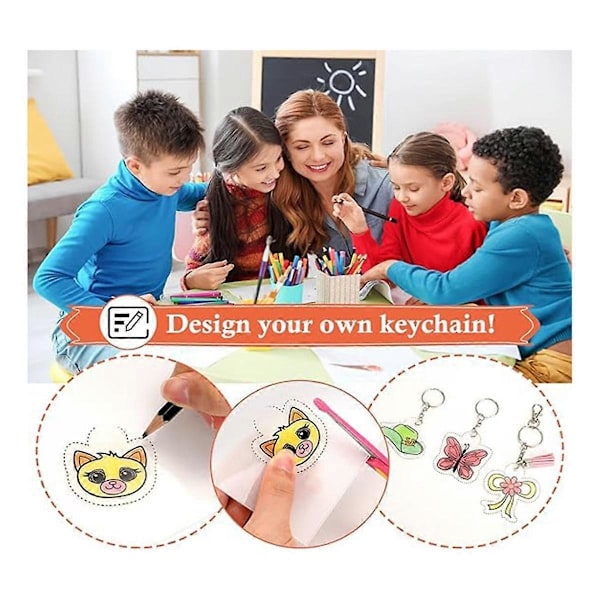 161 Shrinky Sheets Nøgleringsæt, Nøglering med Kæde, Springring, Hulmaskine til Børn, Gennemsigtig