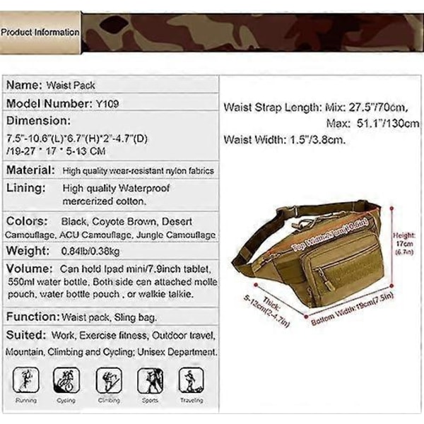 Vyölaukku Molle Fanny Pack Bumbag Hip Running Bag Bum-laukut miehille naisille retkeilyyn, telttailuun, juoksuun, koiranulkoilutukseen