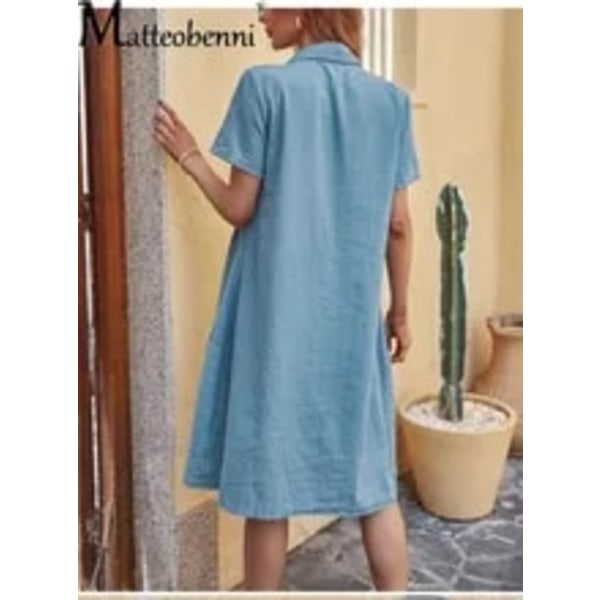 Fashion enkeltknappet cardigan denimkjole med revers, patchwork-lomme, sød stil, afslappet kjole Blue S
