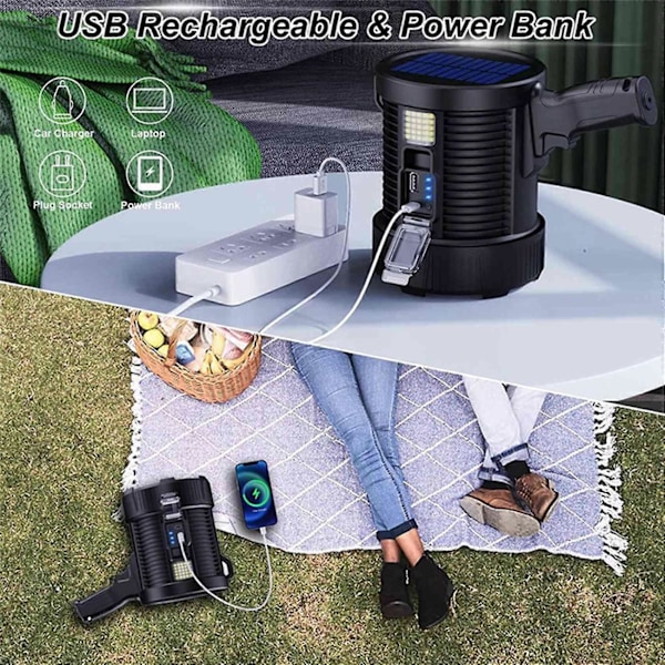 Oppladbar Spotlampe, 100000 Lumen LED Spotlights Håndholdt Lommelykt Super Utendørs Solar Spotli