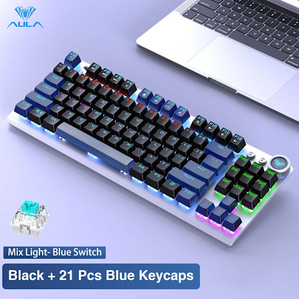 F3001 2.4G langaton bluetooth-johdollinen kolmitoiminen näppäimistö mekaaninen peli toimisto langaton taustavalo 87-näppäimen näppäimistö Black-Blue keyboard