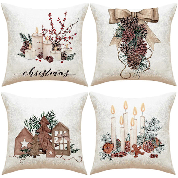 Motesett med 4 Juleputetrekk - Kongle Lysestake Mønster - 45 x 45 cm - Vinterdekorasjon for Sofa, Stue