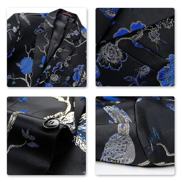 Miesten kirjonta yhdellä napilla bleiseri Slim Fit kukkakuvioinen printed puku Tyylikäs kukkainen smokkitakki Blue 2XL