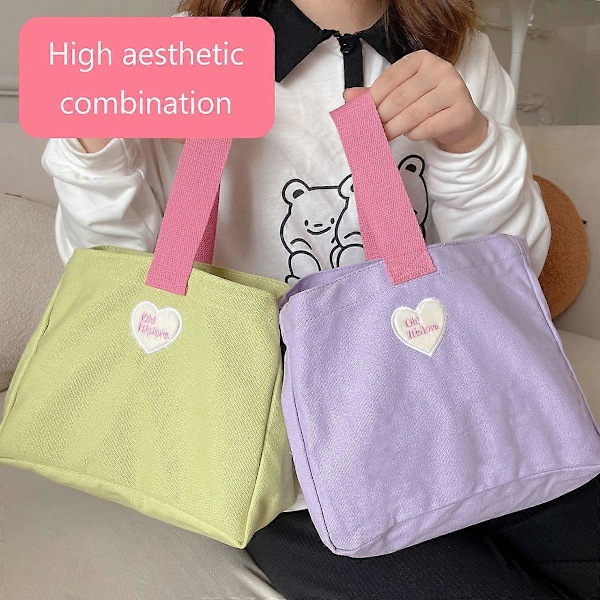 Bento Bag Hjerte Bokstav Broderi Mønster Innerlomme Oppbevaring Knapp Bærbar Matboks Bag Lilla