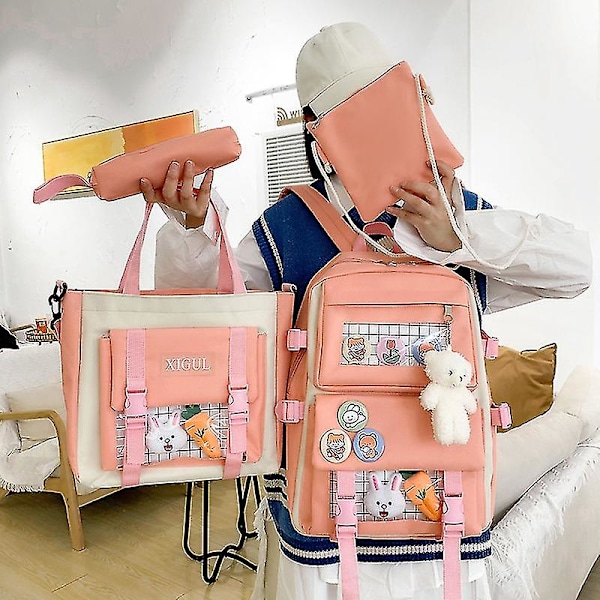 4 kpl:n Harajuku-naisten kannettavan tietokoneen reppusetti, koululaukut teinitytöille, Kawaii-yliopisto-opiskelijoiden lasten kirjalaukku, reppu orange