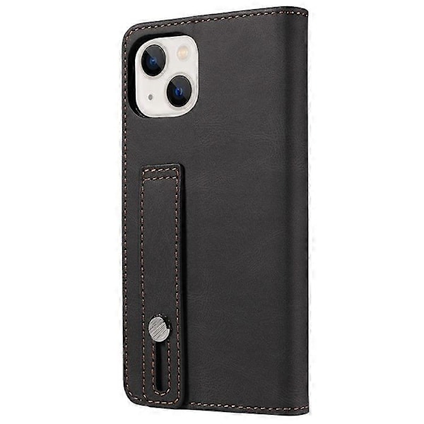 Kompatibelt för iPhone 13 6.1 tum Anti-fall Flip Fodral med Kortfack Magnetiskt PU Läder Plånboksfodral med Ställ och Handledsrem Black
