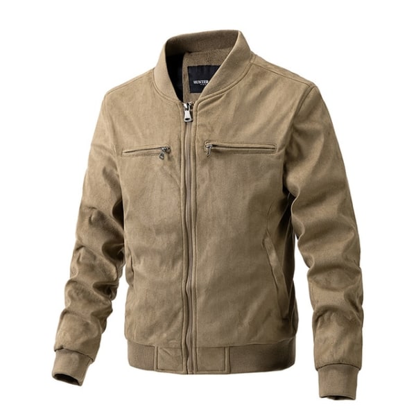 Herre Semsket Vindtett Langermet Jakke med Glidelås Casual Arbeidsjakker Lomme Bomullsjakke Topp Amerikansk Stil Anti-fall Herrejakke Khaki XXL