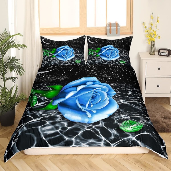 Blå Ros Kung Queen Sängkläder Set Romantiskt Blommigt Påslakan Abstrakt Vatten Krusningar Blomma Täcke Överdrag Polyester Quilt Överdrag
