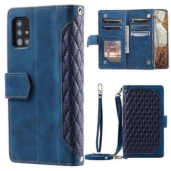 005 Style Kompatibel til Samsung Galaxy A51 4G SM-A515, Rhombus Tekstur Wallet Style PU Læder Telefon Cover Lynlåslomme Stand Fea Blue