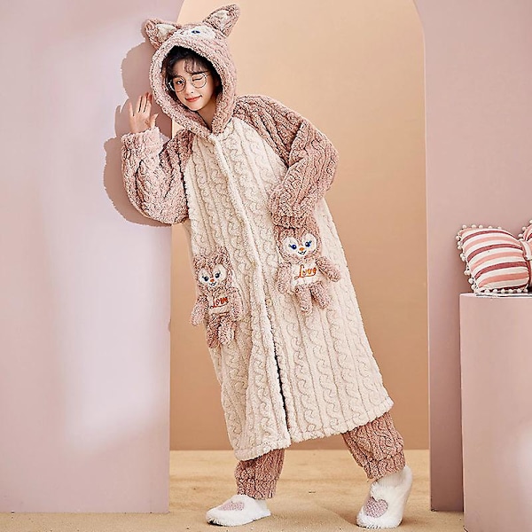 Dame høst og vinter korallfleece pyjamas pluss fleece fortykket hjemmedrakt L