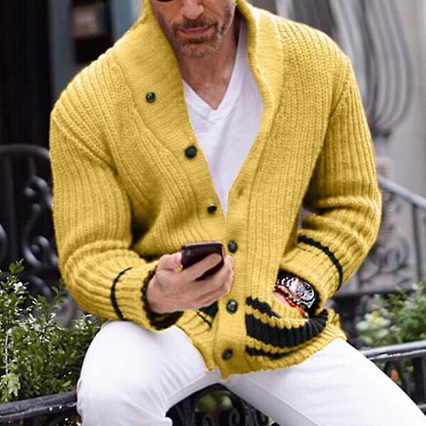 Långärmad cardigan för män, slim fit, varm vinterjacka med öppen front Yellow S