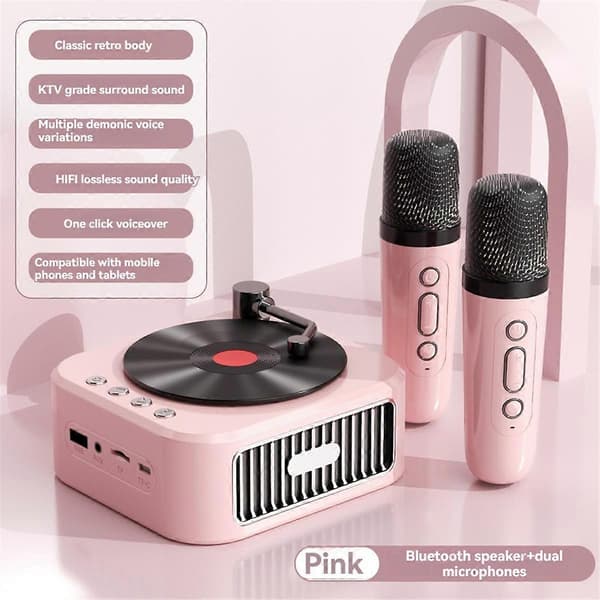 Retro Bluetooth5.3 -kaiutin kahdella mikrofonilla, vinyylilevy D