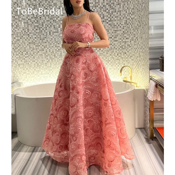 2023 Ny rosa 3D-blomma examensfestklänning Sexig italiensk nudelrem A-linje hög midja balklänning med snörning فساتين سهره فاخره Pink 10