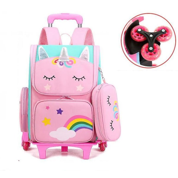 Koulun pyörällinen reppusetti tytöille, kärryreppu, pyörillä varustettu koulureppu 6 wheels pink