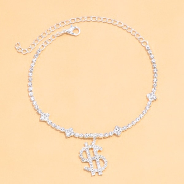 Ins Fashion Large Dollar Sign Anklet Women's Money Pendant Rhinestone Jewelry Silver Plated