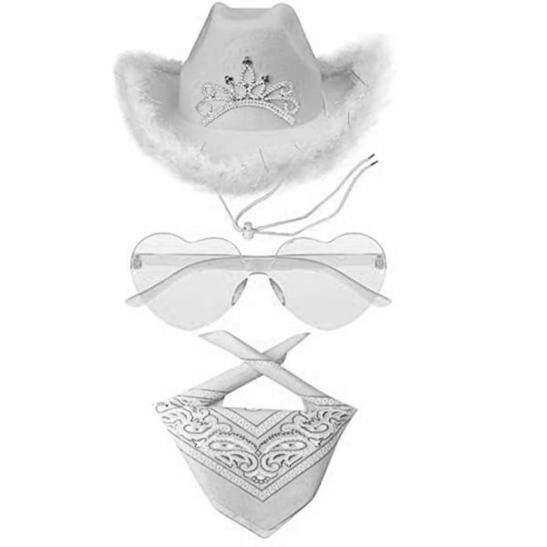 Cowboyhat - Cowboyhat med trim og justerbar halsstrop, passer til de fleste damer og mænd, perfekt til ungkarle, Legekjoletilbehør, temafest white