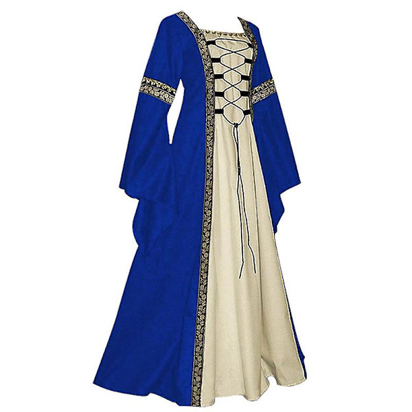 Halloween Kvinder Europæisk Middelalderlig Hof Fancy Vampyr Cosplay Kostume Karneval Vintage Stropløs Langærmet Dronning Elegant Kjole 12A Blue S