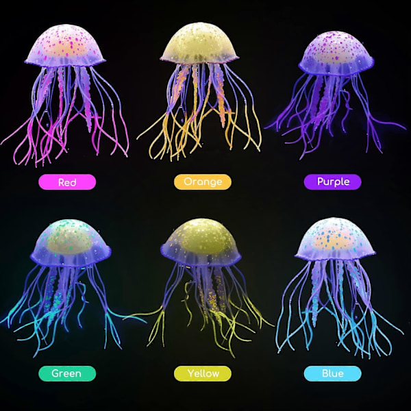 6 Stykker Kunstig Manet Akvarium Ornament, Akvarium Dekorasjon, Glødende Effekt Kunstig Silikon Dekorasjon for Fisketank, Akvarium Landskap