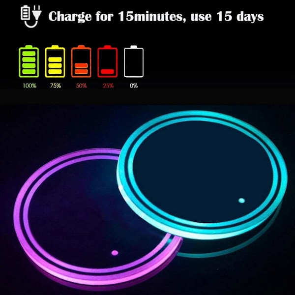 LED Koppholderlys, 2 stk. LED Bilunderlag med 7 Farger Lysende Koppunderlag, USB-Lading Koppmatte
