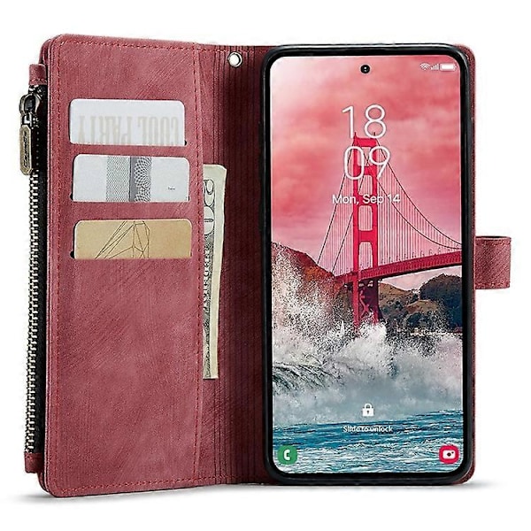 CASEME C30-serien Kompatibel med Samsung Galaxy A55 5G Deksel Glidelås Skinn Telefondeksel med 10 Kortspor Red