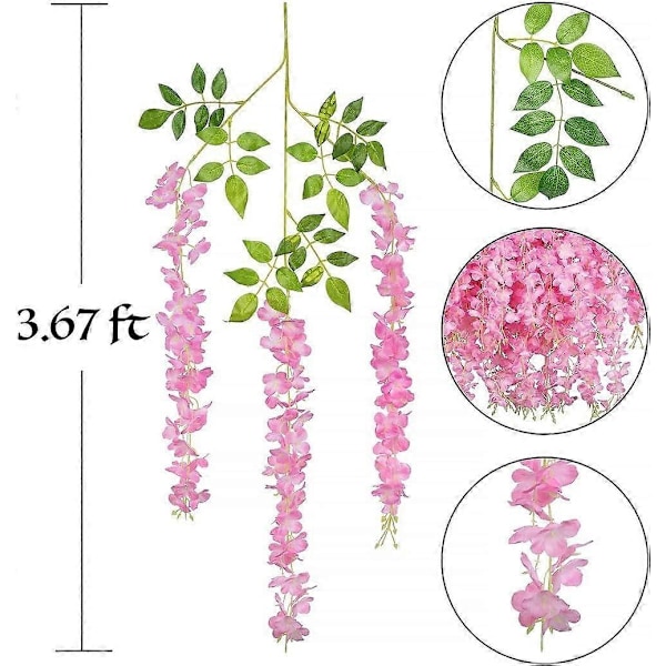 12 stk. Kunstig Fake Wisteria Slyngplante-GreenDec 1,1 meter/stk. Silke Wisteria Slyngplante Ratta Hengende Blomst for Hjem Hage Bryllupsdekor Rosa