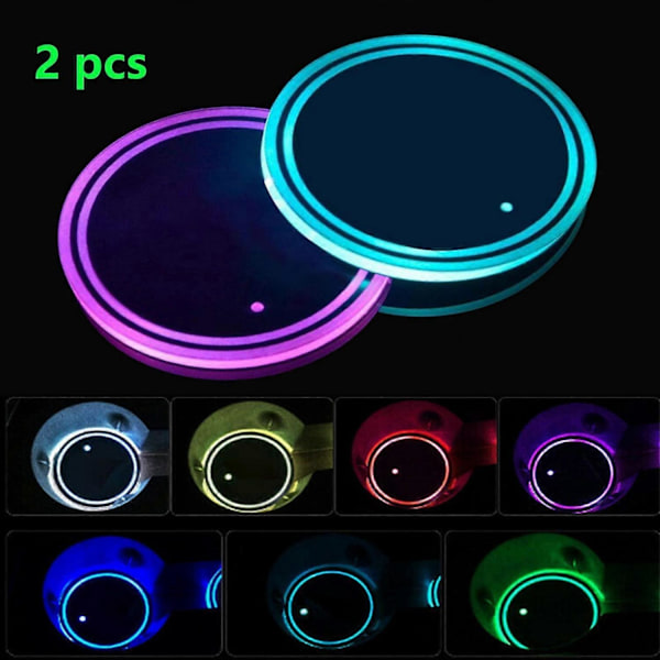 LED Koppholderlys, 2 stk. LED Bilunderlag med 7 Farger Lysende Koppunderlag, USB-Lading Koppmatte